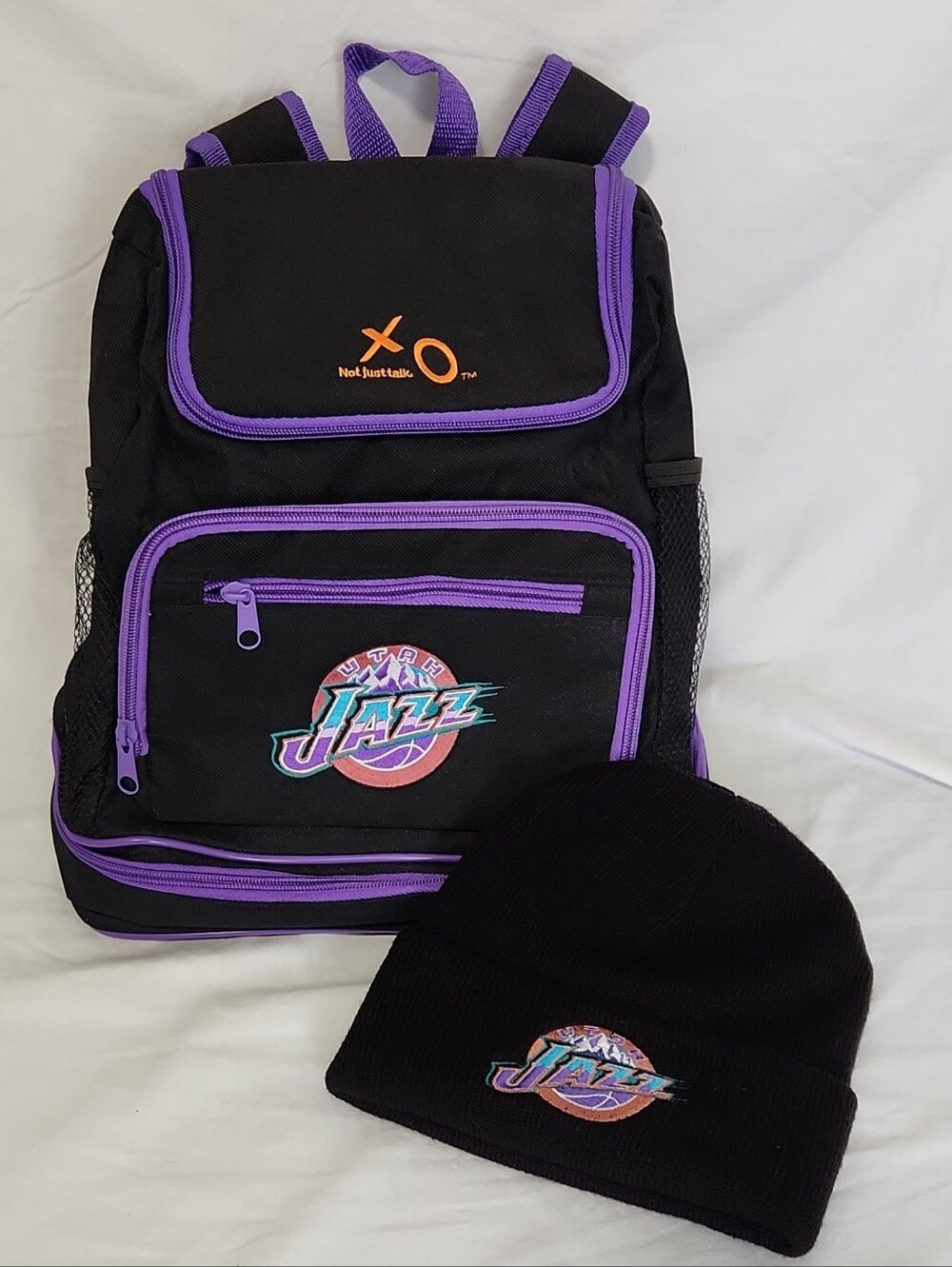 Utah Jazz Black Purple 17" Backpack with Matching Beanie Vintage Mountain Logo